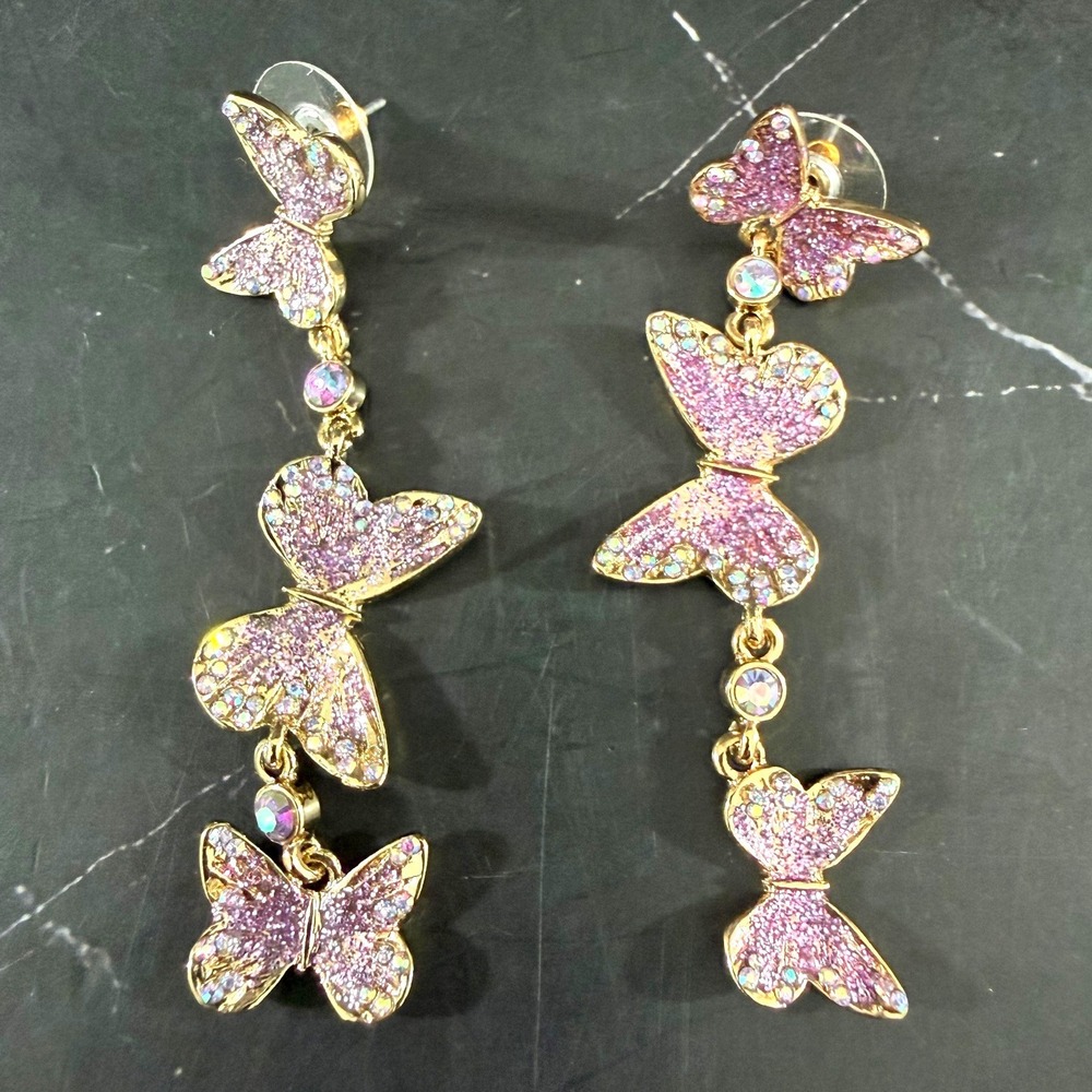 Betsey Johnson Purple Glitter Butterfly 2.5in Gold Tone Drop Earrings